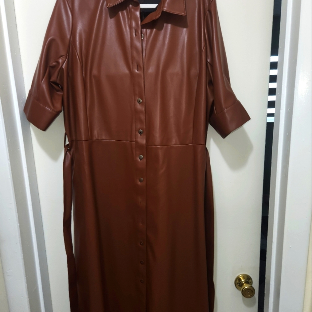 Women's XL faux leather Cognac mid-length front  button down dress.